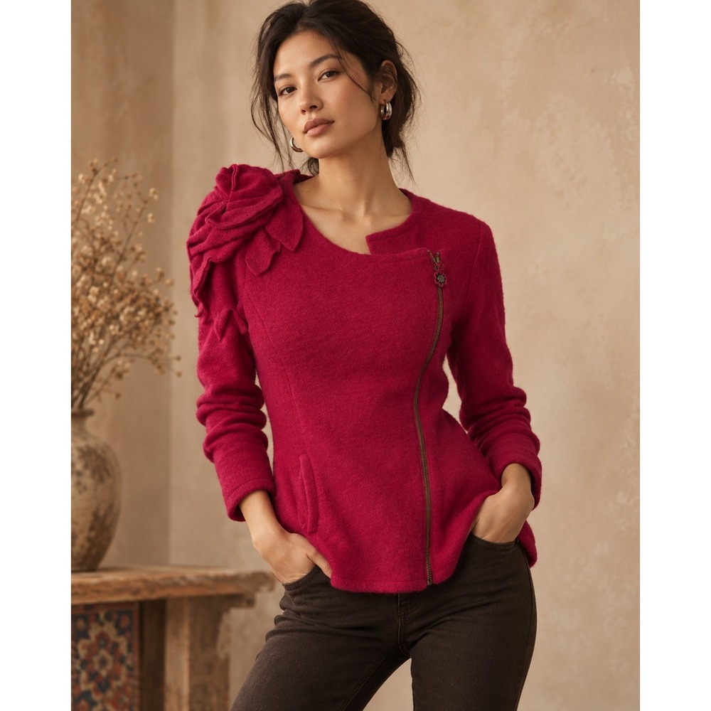 Sleeping on Snow Pink Boiled Wool Asymmetrical Zip Rosette Jacket XS